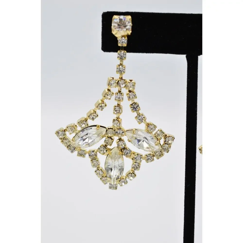 Vintage Crystal Earrings Shiny Gold Prong Rhinestone Dangle NOS 1980s BinAA